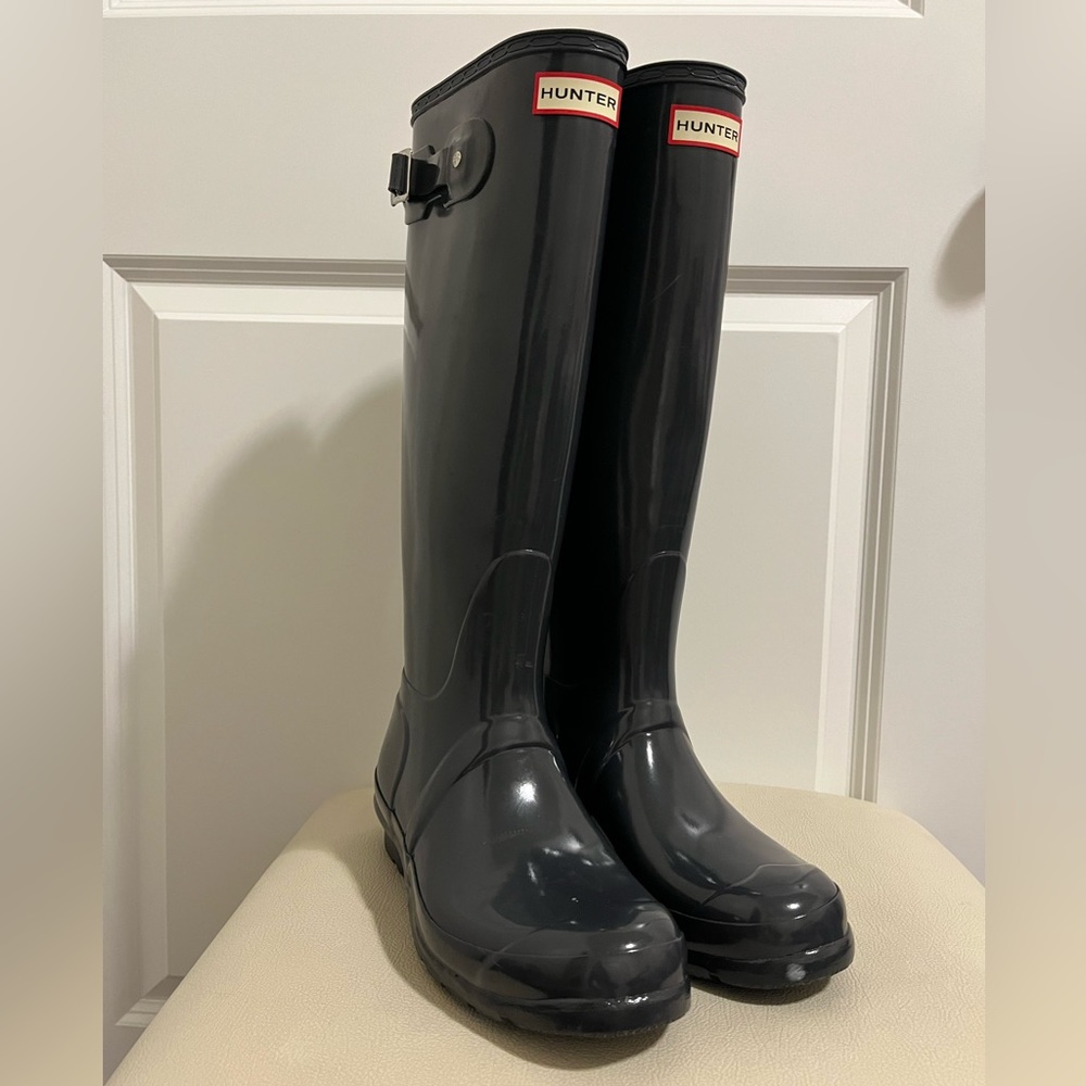 HUNTER Original Tall Black Gloss Buckle Strap Rain Boots Big Girls Size 5